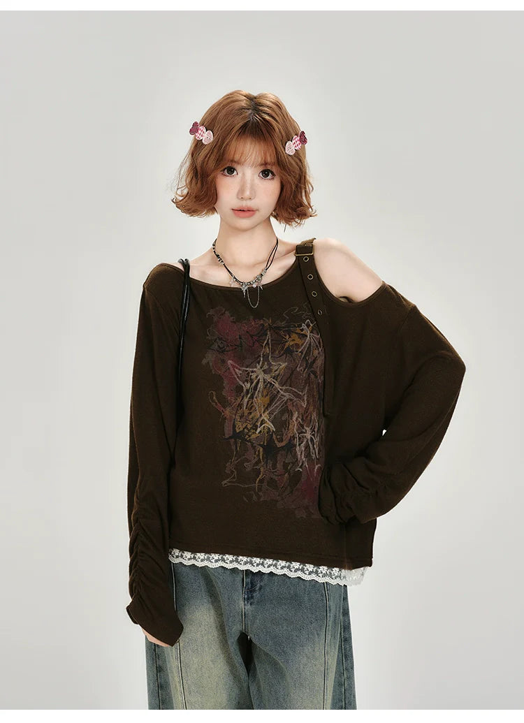 Girlyhalo Vintage Off-Shoulder Long Sleeve Top-As Photo-S-Free Shipping Leatheretro