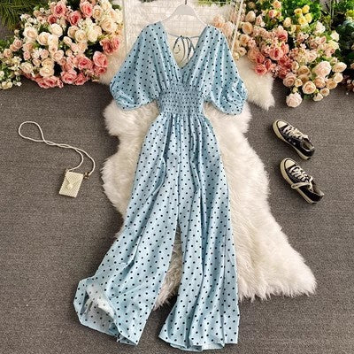 Women's Sexy V-Neck Batwing Sleeve Waist-Cinching Slimming Polka Dot Print Jumpsuit