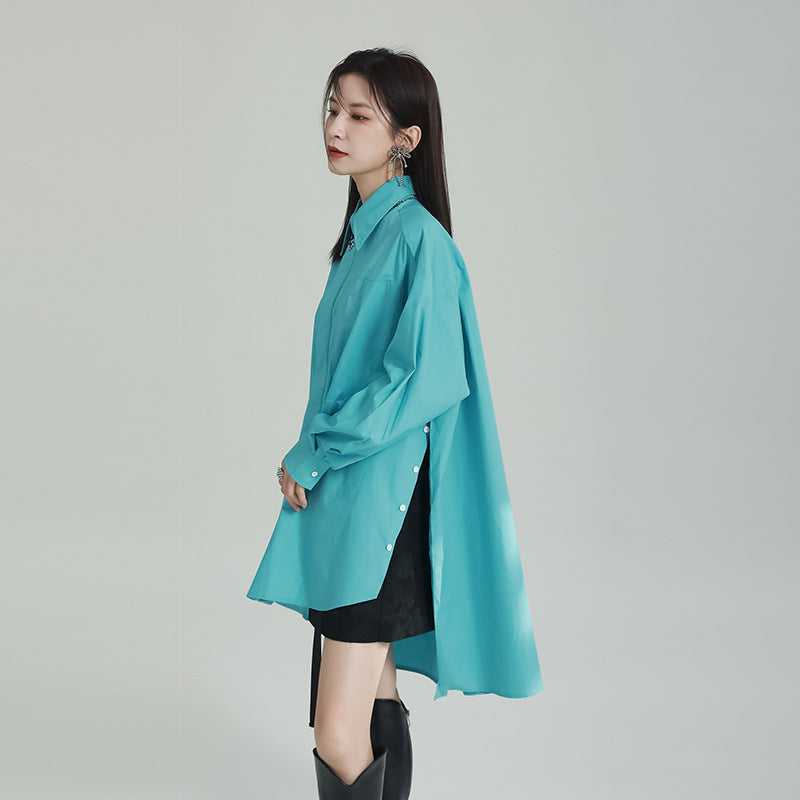 Oversized Asymmetrical Shirt – Trendy Longline Loose Fit Casual Blouse-Apricot-One Size-Free Shipping Leatheretro