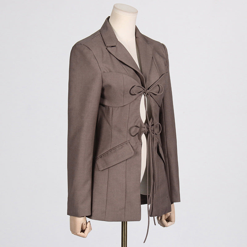 Women's Designer V-Neck Lace-Up Belted Asymmetrical Blazer Jacket