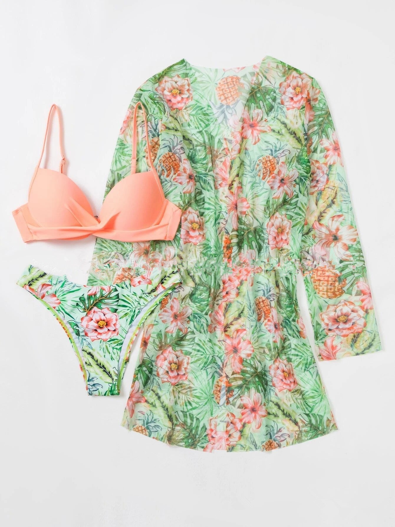Women's 3-Piece Mesh Long Sleeve Cover-Up – Beach Bikini Set