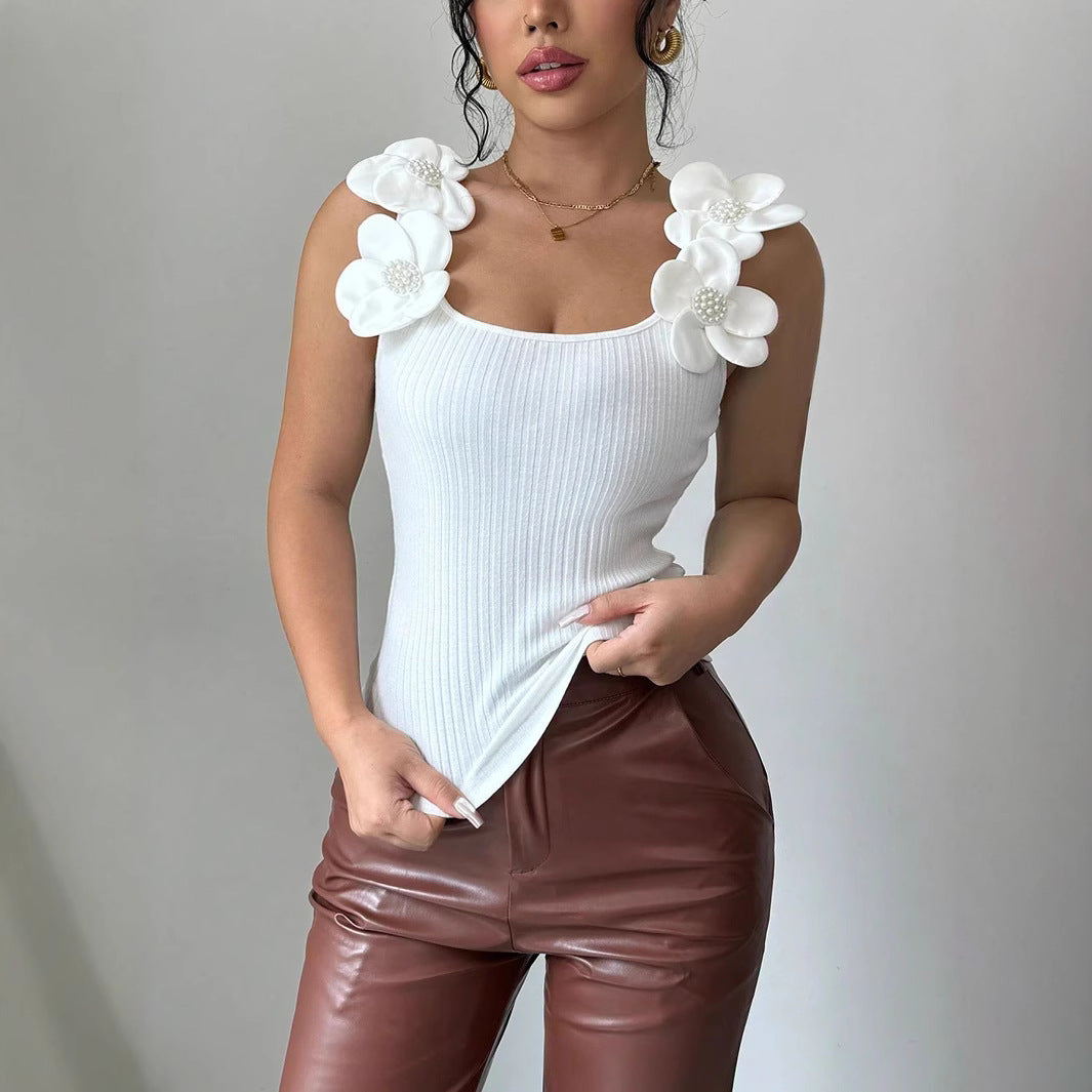 Summer Fashion Elegant Casual 3D Floral Embellished Knit Sleeveless Top