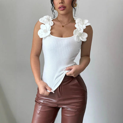 Summer Fashion Elegant Casual 3D Floral Embellished Knit Sleeveless Top