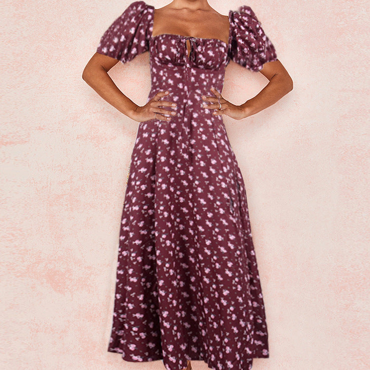 Floral Print French Style Backless Slim Fit Slit Dress