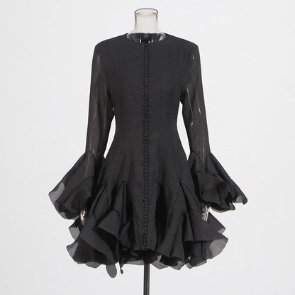 Designed Elegant Round Neck Patchwork Hem Flounce Midi Dress with Bell Sleeves