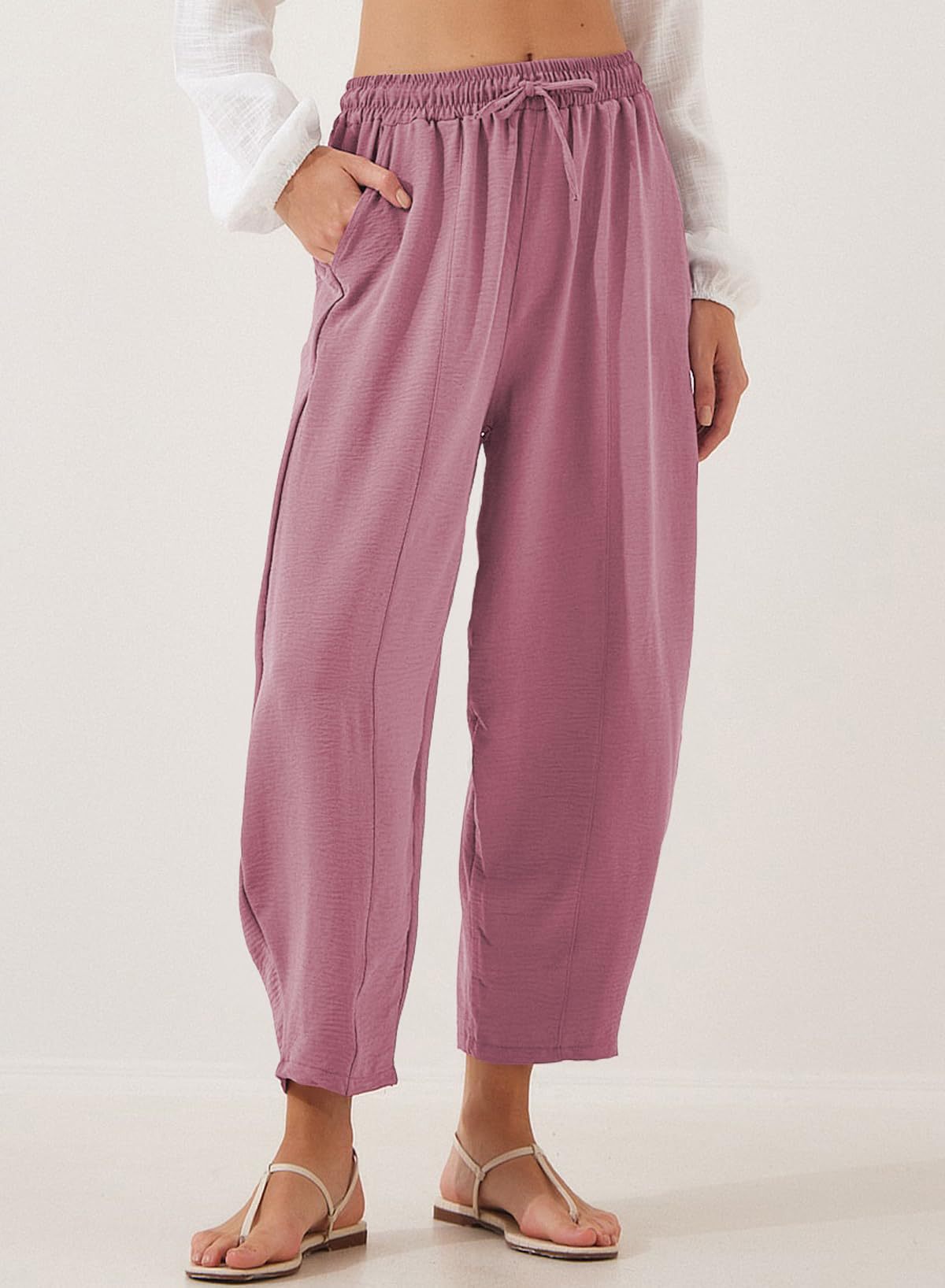 Women's Summer High-Waisted Loose Vacation Drawstring Casual Cropped Pants with Side Pockets