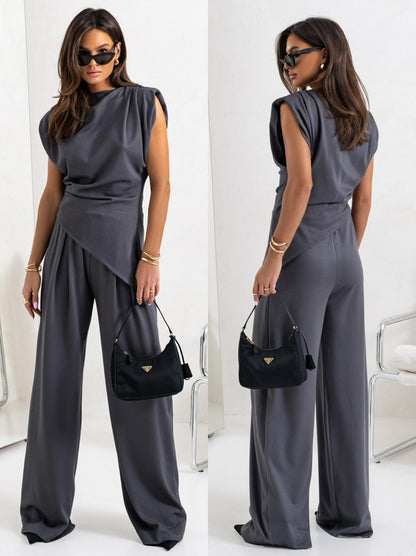 Summer Fashion Solid Color Asymmetrical Short Sleeve Set