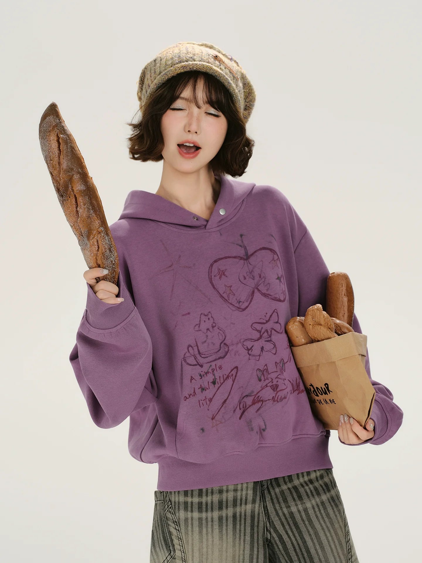 Girlyhalo Retro Print Distressed Hooded Long-Sleeve Sweatshirt