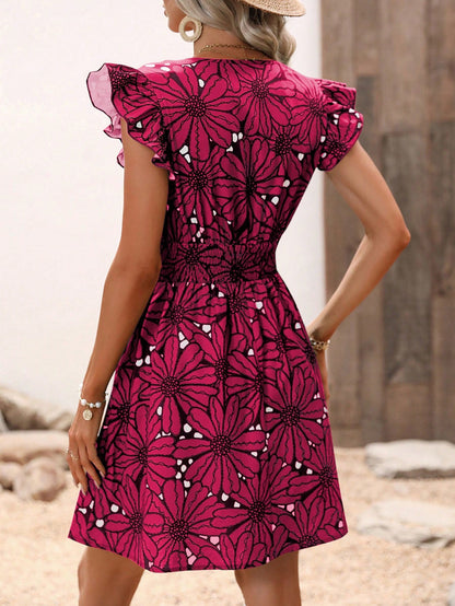 Women's Summer V-Neck Waist-Cinching Sexy Floral Ruffle Sleeveless Dress