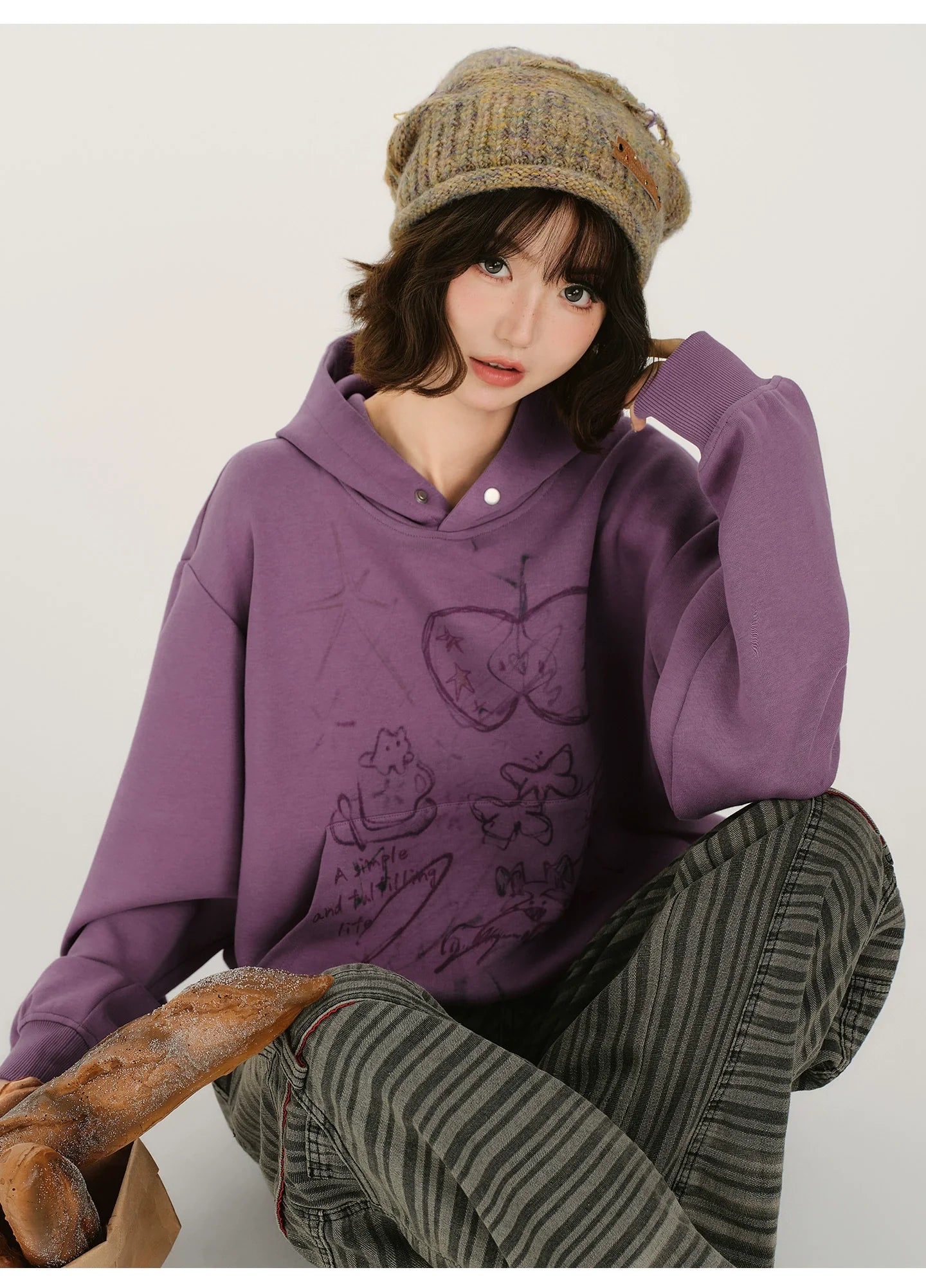 Girlyhalo Retro Print Distressed Hooded Long-Sleeve Sweatshirt