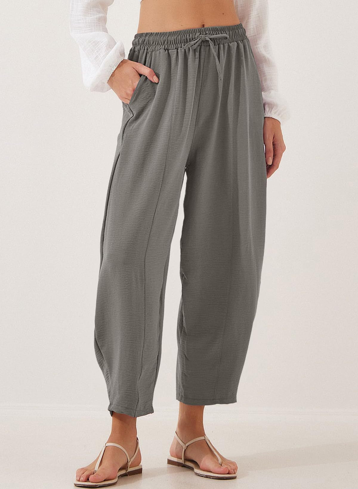 Women's Summer High-Waisted Loose Vacation Drawstring Casual Cropped Pants with Side Pockets