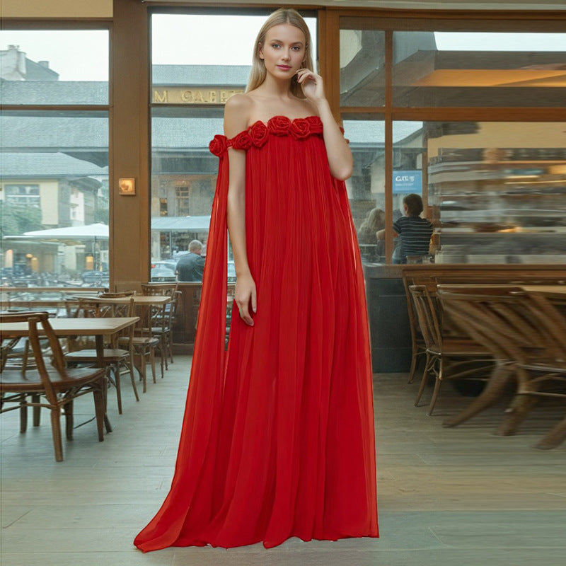 Designed Women's Floral Patchwork Maxi Dress with 3D Flower Shoulder
