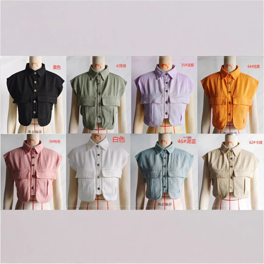 Women's Solid Color Oversized Pocket Sleeveless Polo Collar Denim Shirt Top
