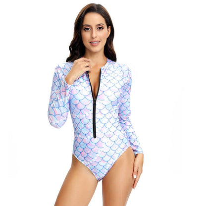 Women's Long Sleeve Multi-Color Print Zip-Up One-Piece Snorkel & Surf Wetsuit