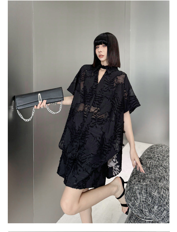 Women's Unique Jacquard Casual Cotton Set – Oversized Bat Sleeve Top + Elastic Waist Shorts