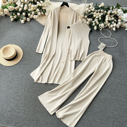 Fashion Fall Knitted 3pcs Cardigan High Neck Sweater Wide Legs Pants