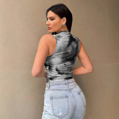 Women's Street Style Printed Mesh Vest – Trendy See-Through Sleeveless Top