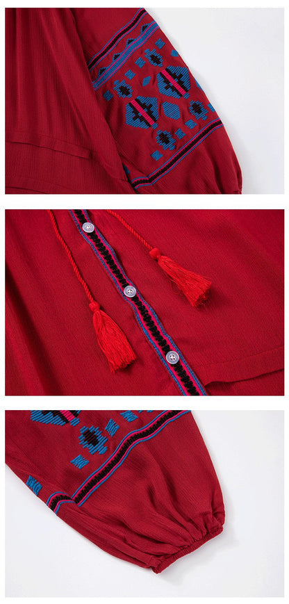 Bohemian Ethnic Embroidered Loose Front Button Dress