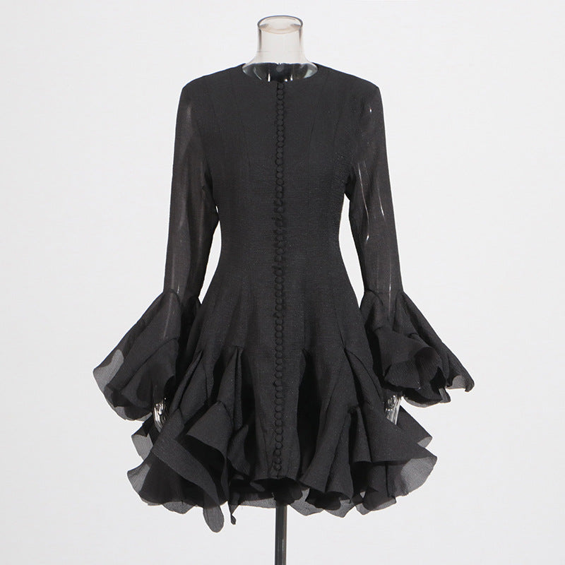 Designed Elegant Round Neck Patchwork Hem Flounce Midi Dress with Bell Sleeves