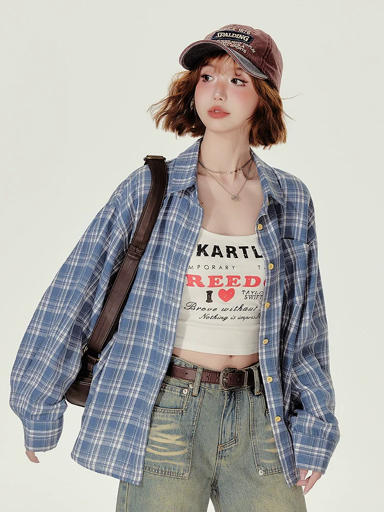 Girlyhalo Women's Blue Plaid Shirt - Oversized Fall Shacket for a Youthful Look