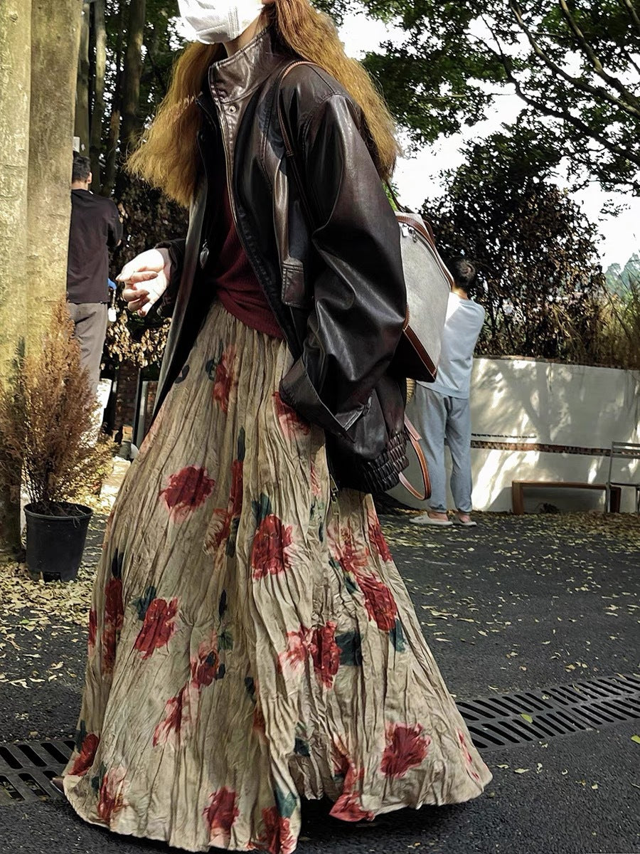 Vintage Watercolor Rose Print Maxi Skirt