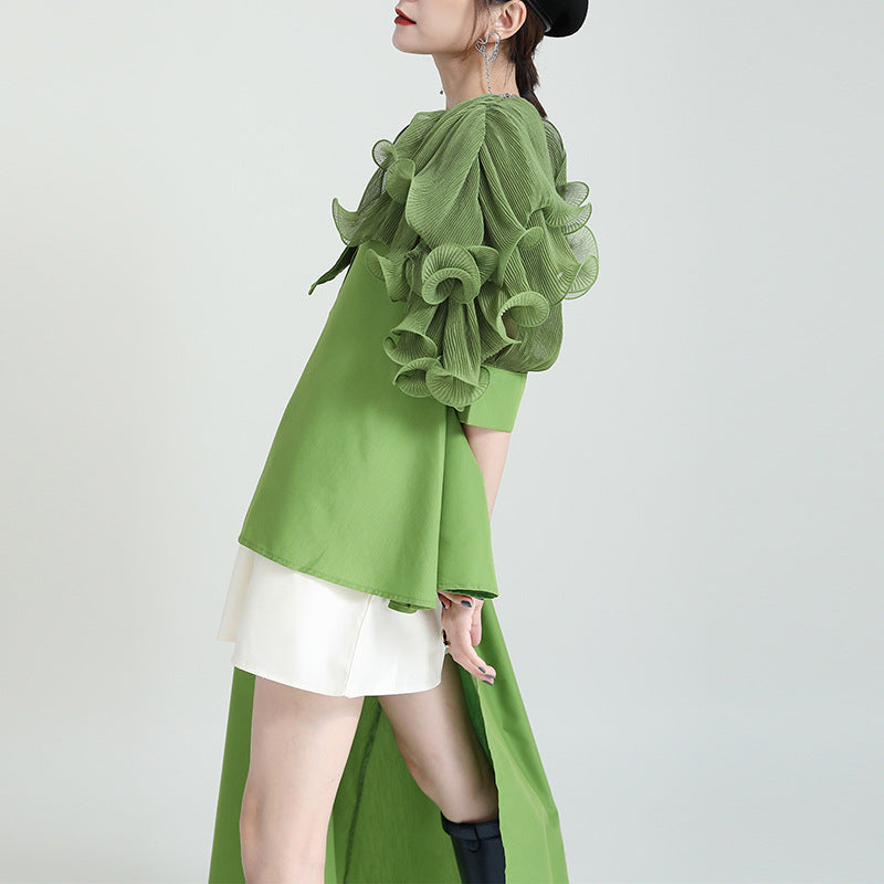 Summer Asymmetrical Bubble Sleeve Shirt Dress with Peplum Waist & Patchwork Design