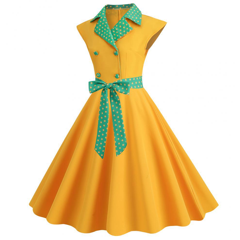 Elegant V-Neck Polka Dot & Solid Color A-Line Dress with Belt for Women