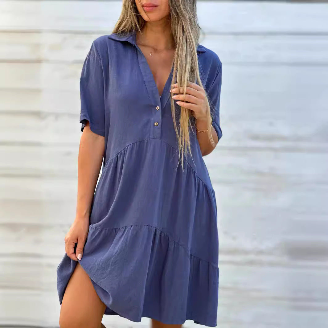 Women's Loose Fit Solid Color Lapel Casual Short Sleeve Linen Blend Dress