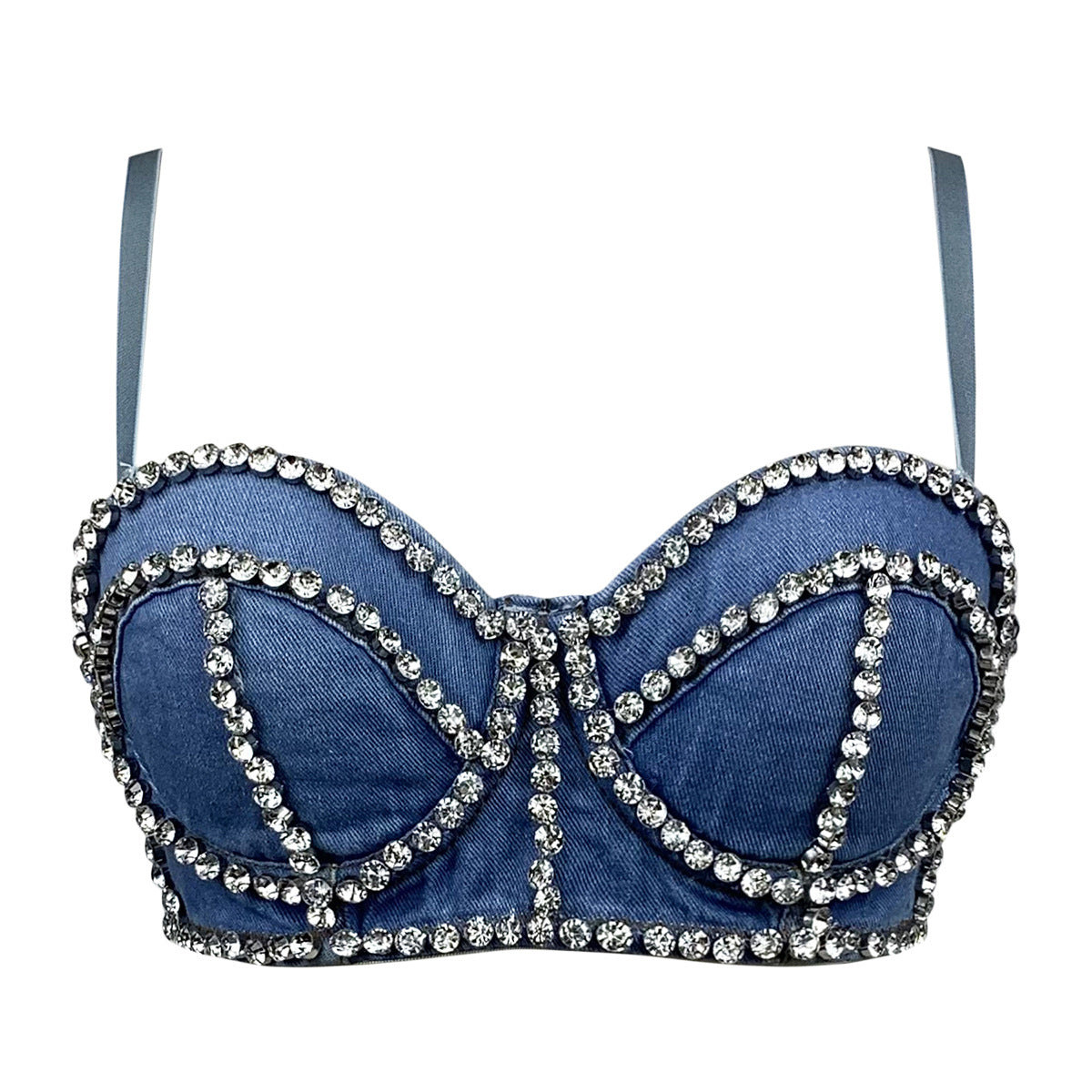 Cowfish Bone Inlaid Diamonds Detachable Straps Back-Closure Denim Corset Top