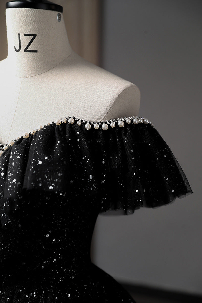 Elegant One-Shoulder Black Evening Gown with V-Neck