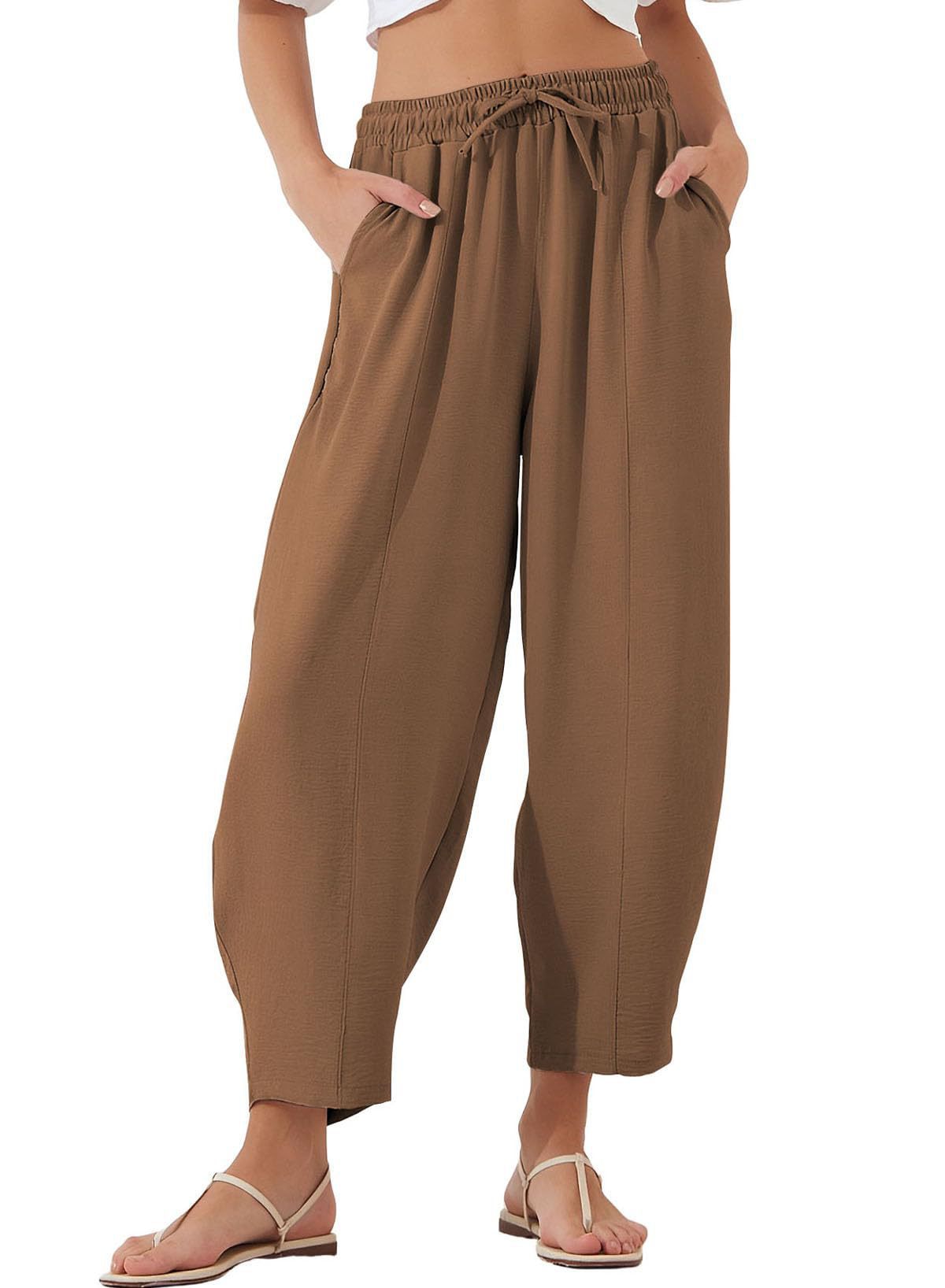 Women's Summer High-Waisted Loose Vacation Drawstring Casual Cropped Pants with Side Pockets