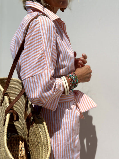 Women's half Sleeve Striped Button-Down Shirt Dress with Lapel Collar