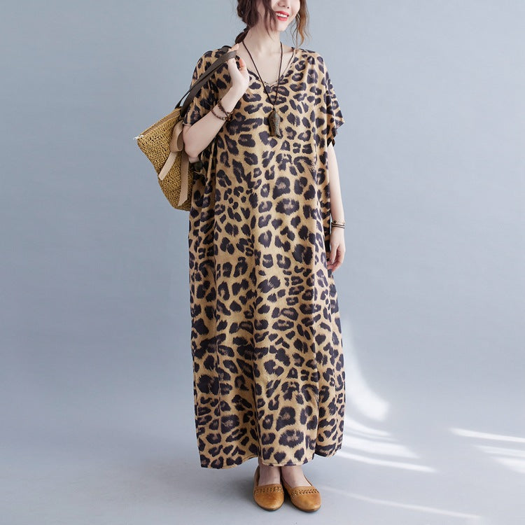Plus Sizes Women Leopard Short Sleeve Cozy Dresses-Cozy Dresses-Leopard-One Size-Free Shipping at meselling99