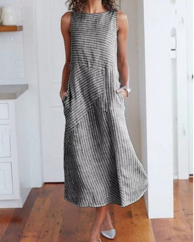 Women's Striped Sleeveless V-Neck Slim-Fit Plus Size Dress