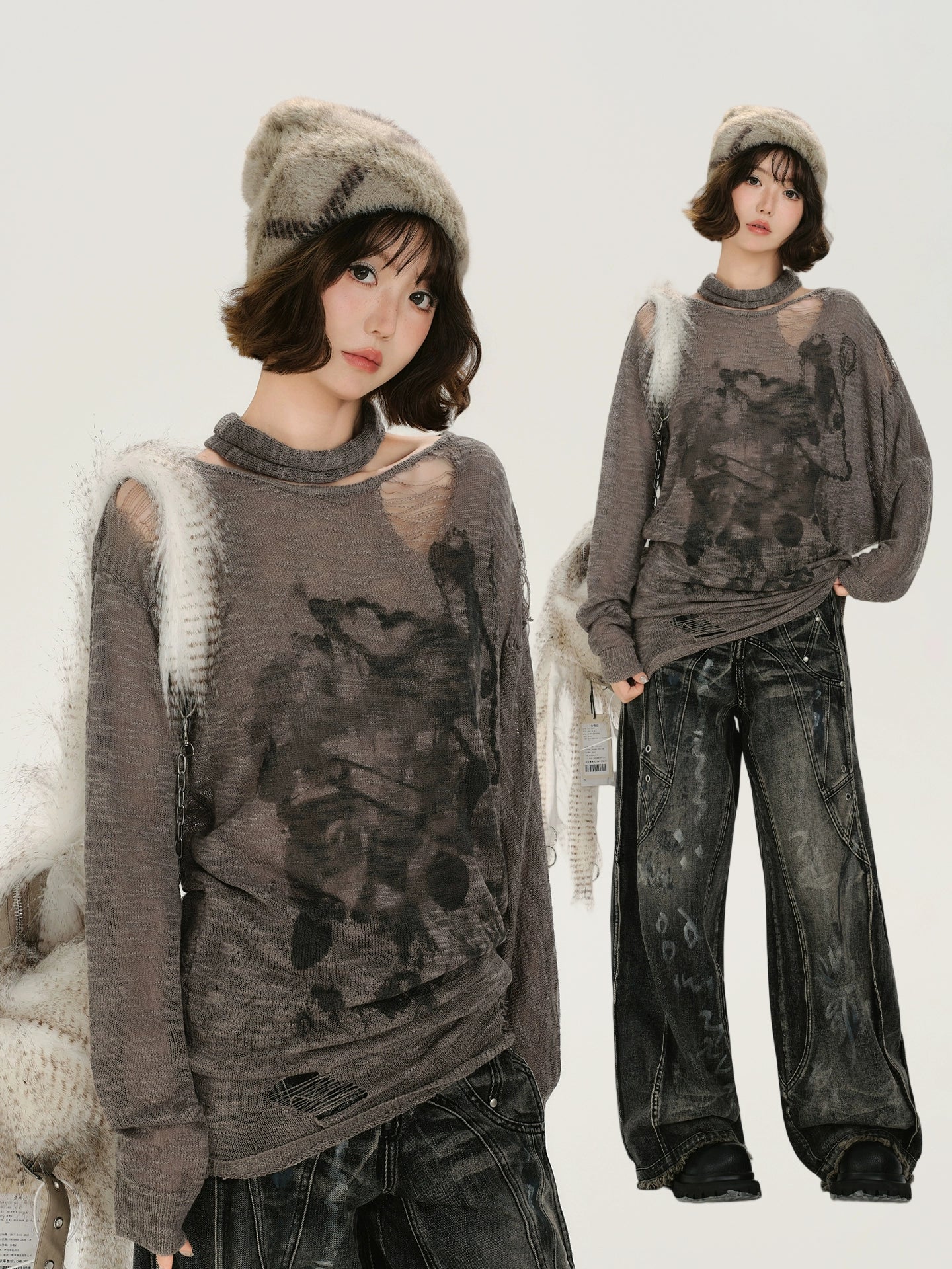 Girlyhalo Retro Baddie Print Distressed Long Sleeve Sweater