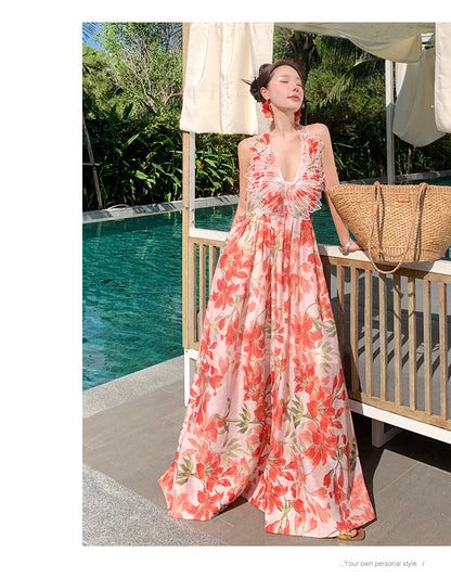 Lily Flower Winged Halter Backless Maxi Dress – Elegant Summer Vacation Gown