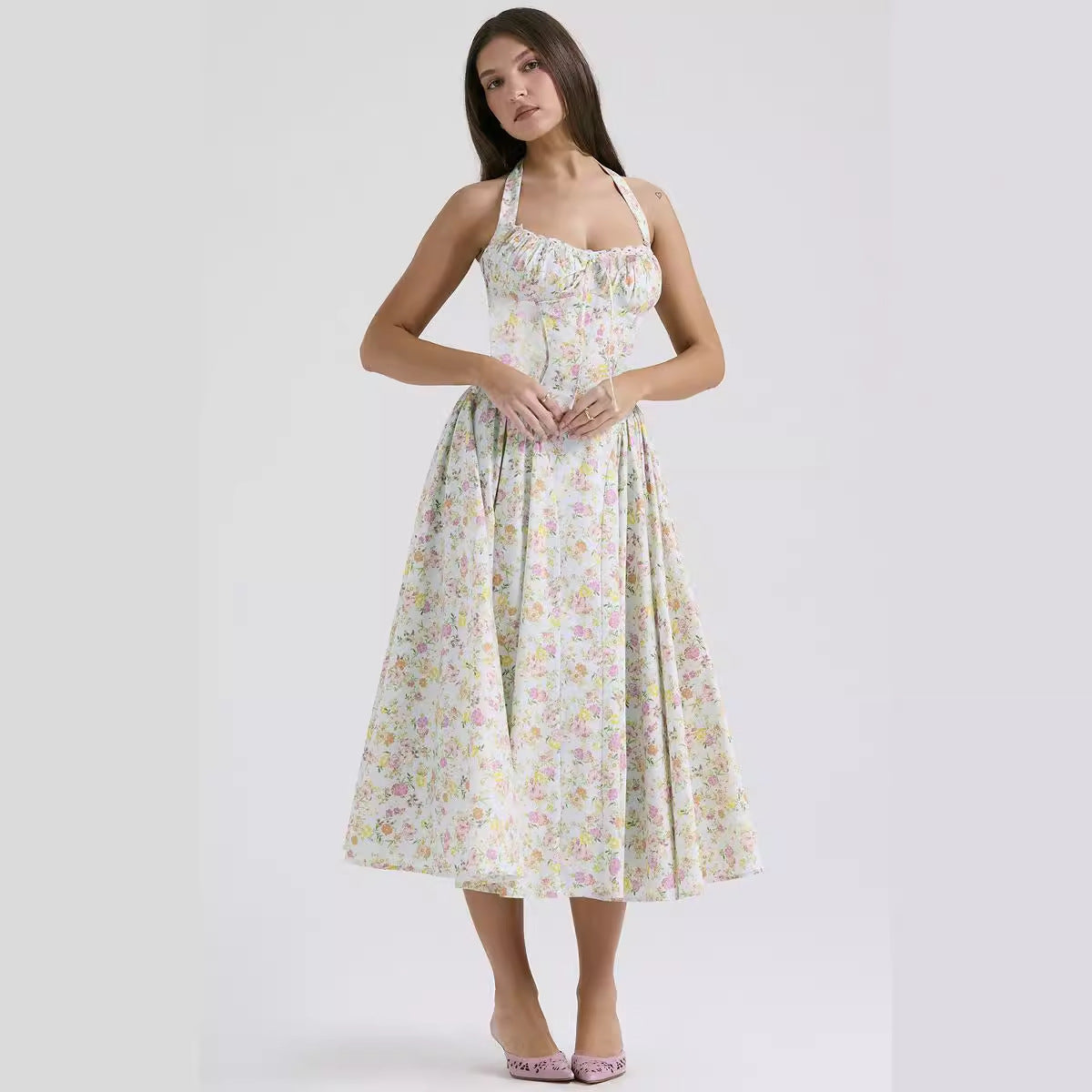 Women's Summer Floral Print Bodycon Halter Neck Maxi Dress
