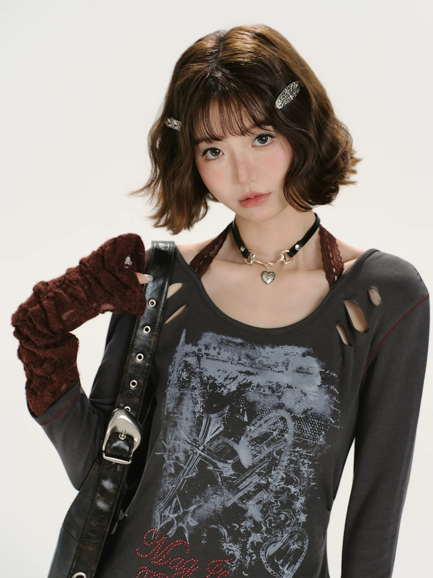 Girlyhalo Retro Patchwork Lace Distressed Long Sleeve T-Shirt