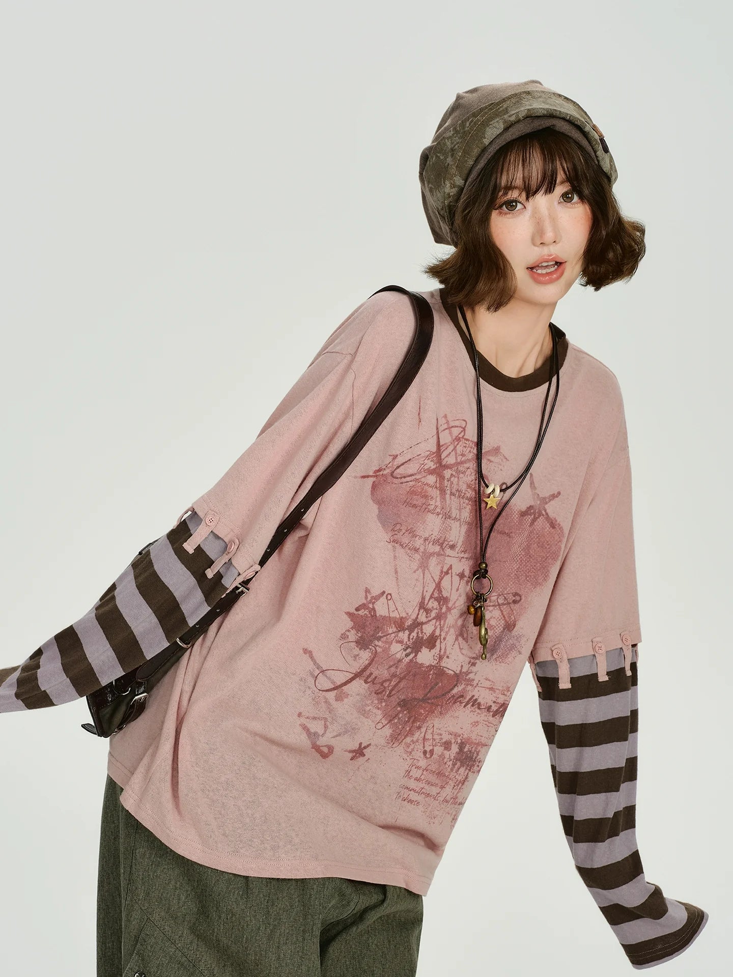 Girlyhalo Retro Vintage Two-Tier Layered Long Sleeve T-Shirt for Women