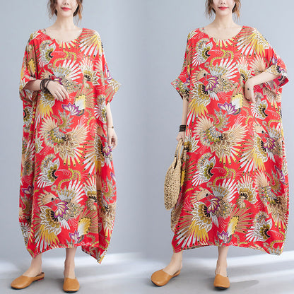 Casual Floral Print Red Plus Sizes Maxi Dresses-Dresses-Red-One Size-Free Shipping at meselling99