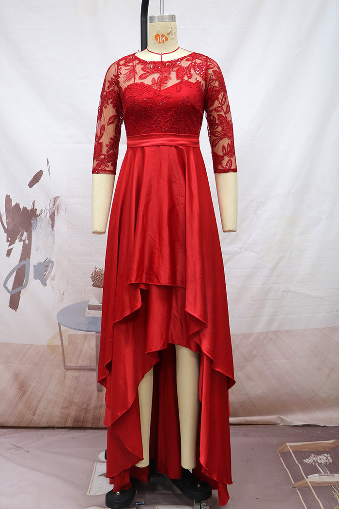 Elegant Lace Party Dresses with Brush Tail-Dresses-Red-S-Free Shipping at meselling99