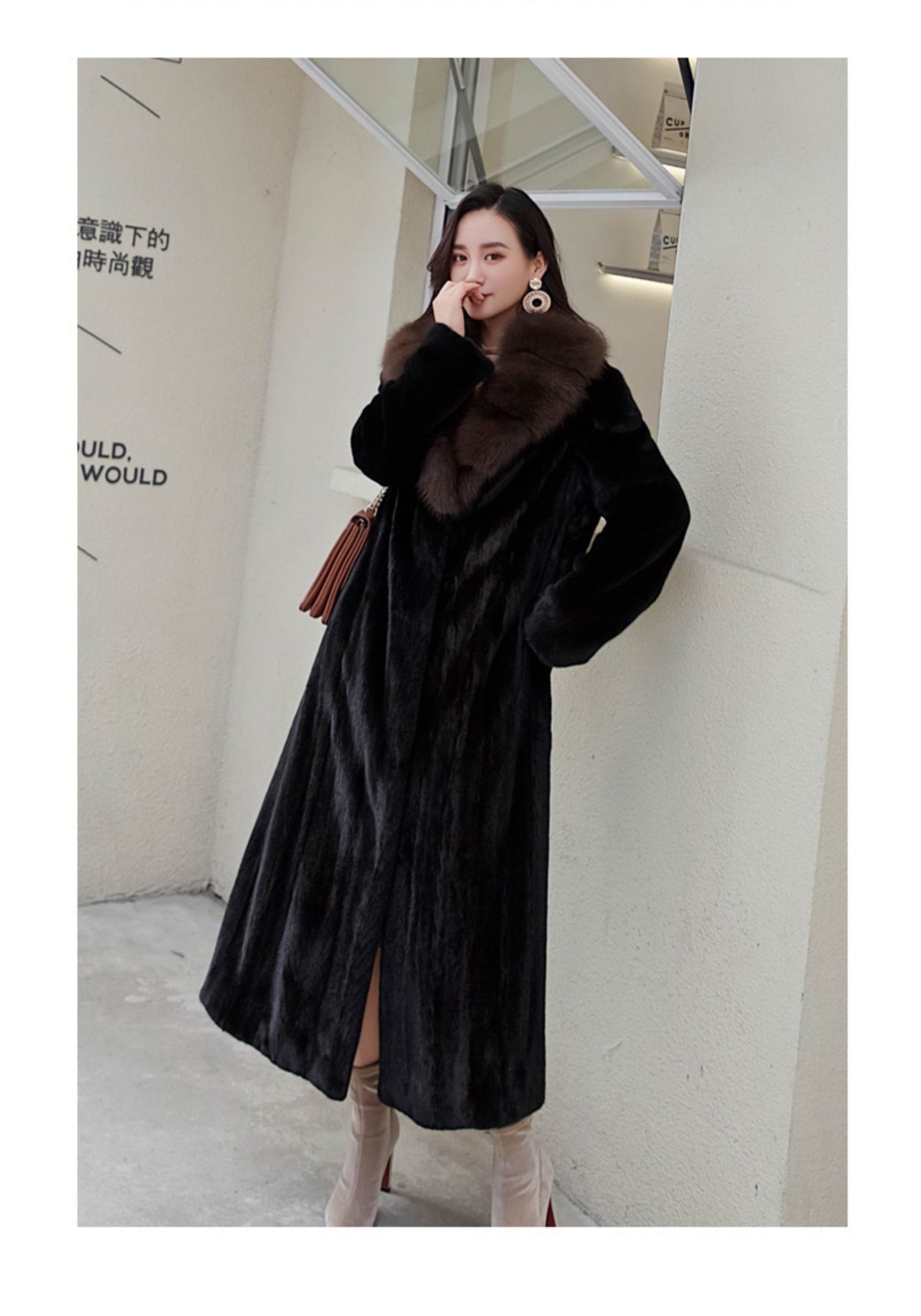 Women's Mink Fur Collar Faux Fur Coat