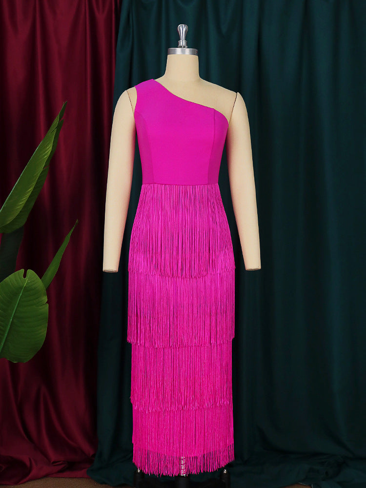 Sexy Summer Rose Red One Shoulder Tassels Party Dresses-Dresses-Free Shipping at meselling99