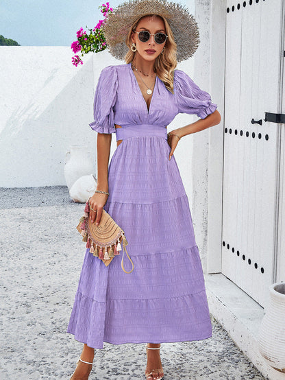 Casual V Neck Short Sleeves Long Dresses