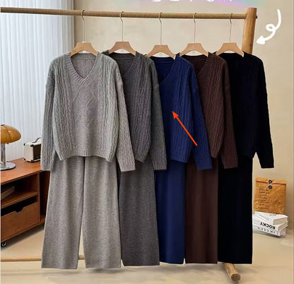 Women's Fashion Casual Long Sleeve Sweater Set – Winter Warm Knit Pullover & Wide-Leg Pants Two-Piece Outfit