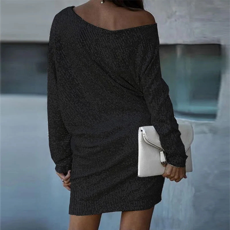 Elegant Off-Shoulder Long Sleeves Midi Dress with Sequins