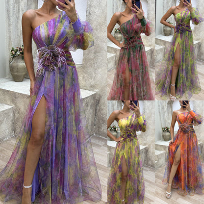 Women's Mesh one-Shoulder Long Dress