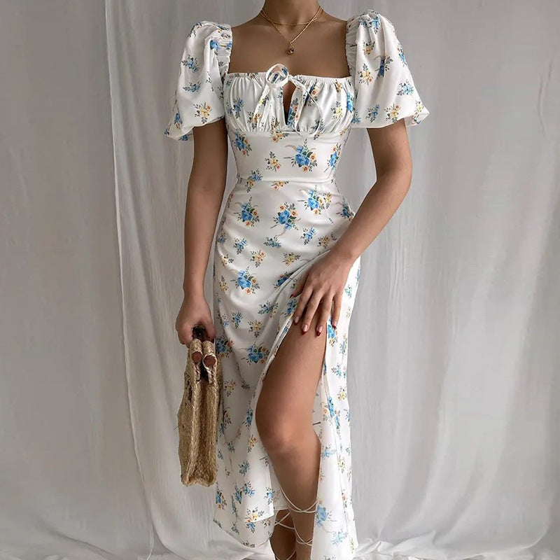 Floral Print French Style Backless Slim Fit Slit Dress