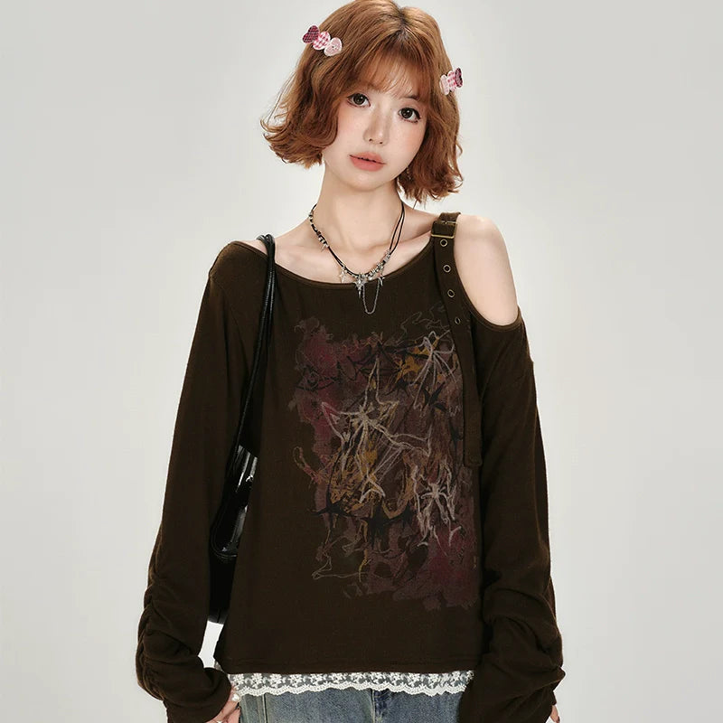 Girlyhalo Vintage Off-Shoulder Long Sleeve Top-As Photo-S-Free Shipping Leatheretro