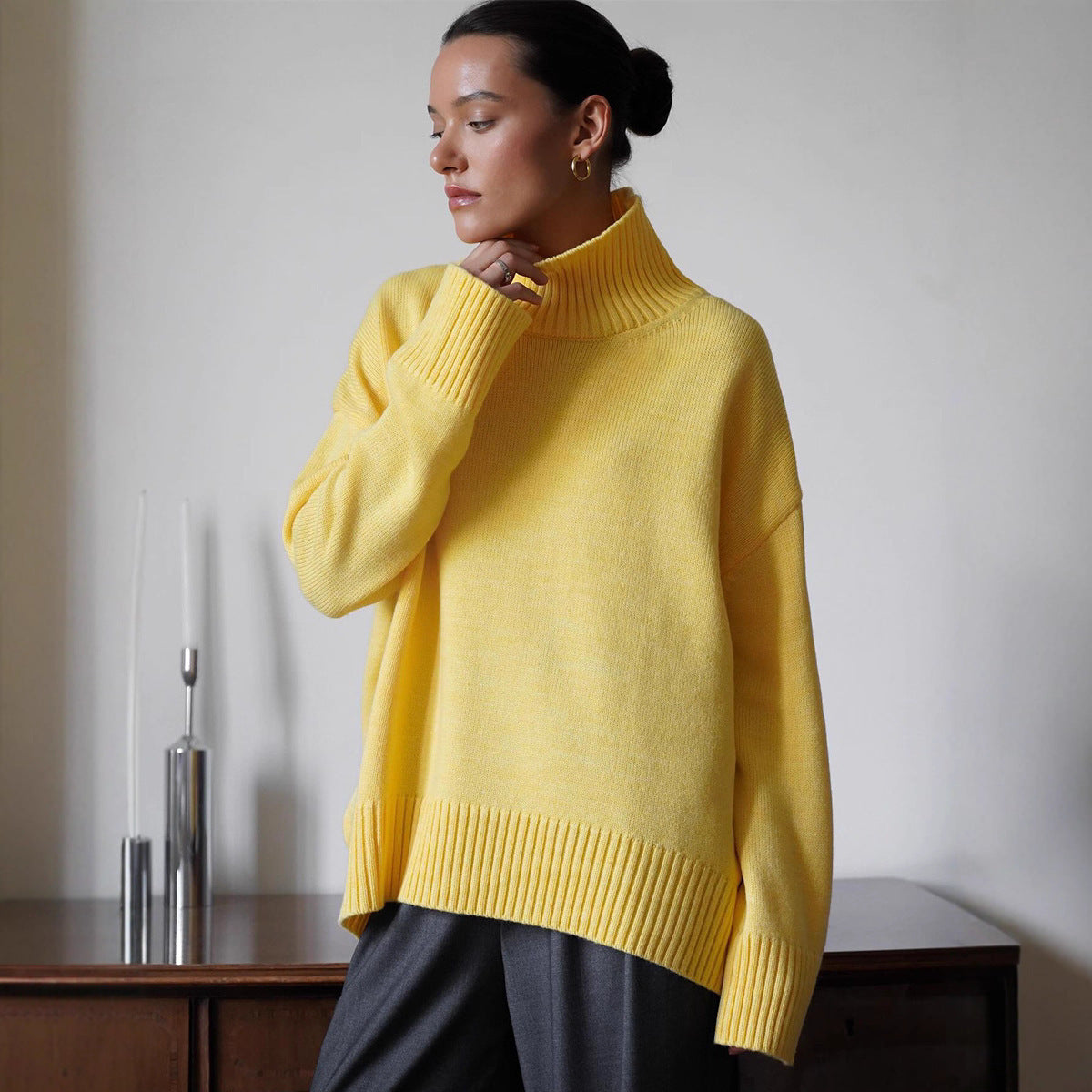 Women's Oversized Solid Color High Neck Sweater